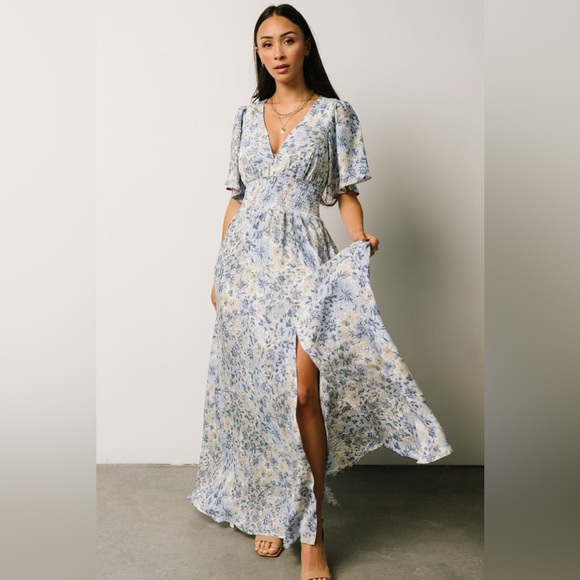 Baltic Born Verona Smocked Maxi Dress White and Blue Floral sz M - Picture 1 of 11